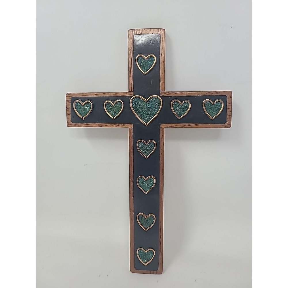 Vintage Peruvian Wood Wall Cross Inlaid Crushed Green Stone Hearts Handmade Peru